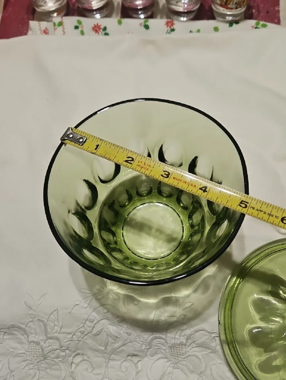 Vintage Hazel Atlas 'Reflection' Avocado Green Lidded Glass Candy Dish
